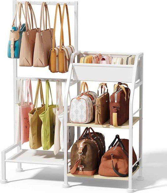 Purse Organizer for Women - 3-Tier Storage Stand & 12 Fixed Hooks, Visible Backpack Storage, Space-Saving Bag Organizer Rack for Home, Closet, White