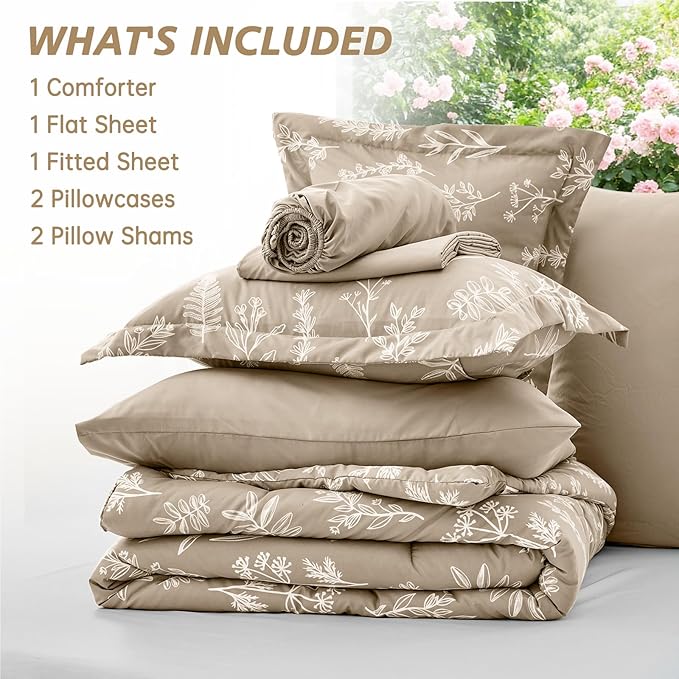 MUXHOMO Taupe Bed in a Bag King 7 Pieces, King Comforter Set Reversible Botanical Flowers Design, Ultra Soft & Breathable Bedding Sets with Comforter, Sheets, Pillowcases & Shams