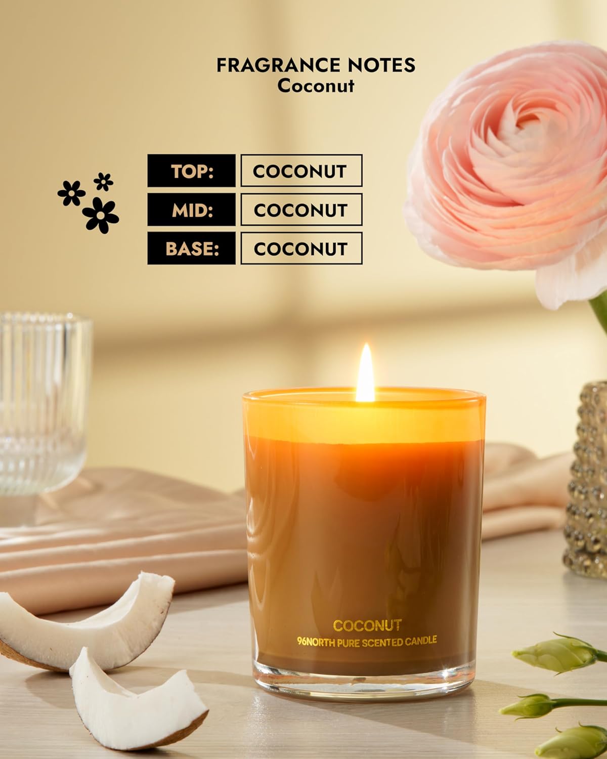 96NORTH | Pure Coconut Candle | 100% Natural Soy Wax | One Wick Jar Candle | Natural Fragrance Technology | Non Toxic | Up to 35 Hours Burning Time | Aromatherapy Gift for Men and Women - NestledHome