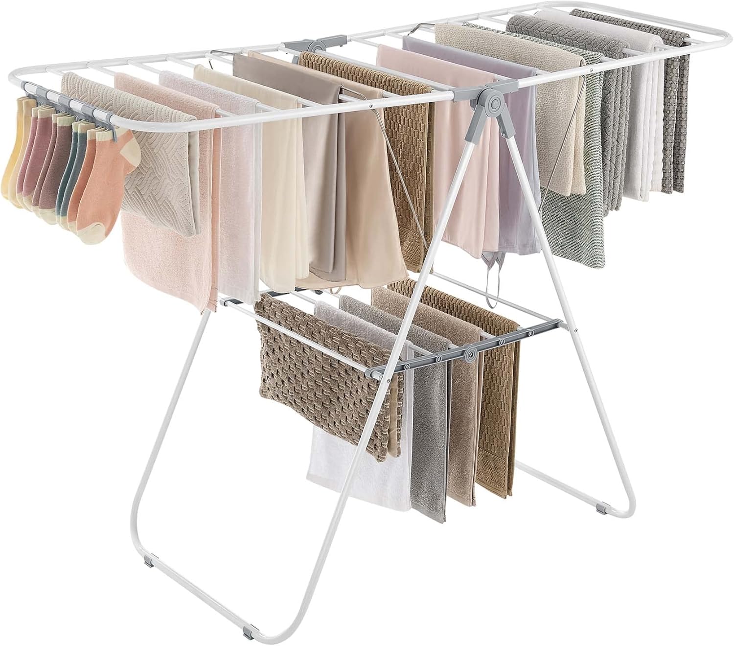 SONGMICS Clothes Drying Rack, with Sock Clips, Metal Laundry Rack, Foldable, Space-Saving, Free-Standing Airer, with 2 Height-Adjustable Gullwings, Indoor Outdoor Use, White and Gray ULLR052W02 - NestledHome