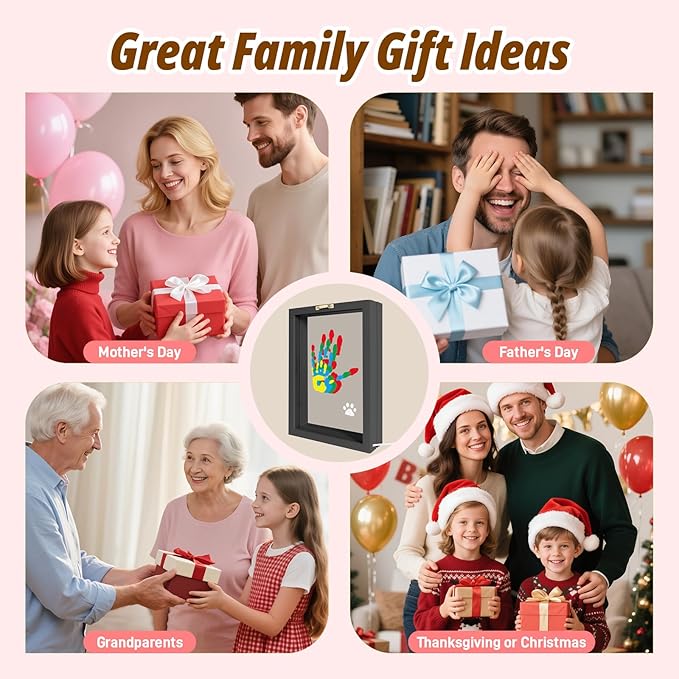 Family Handprint Kit with Light, 5 Non-Toxic Paints, Hand Prints Ornament Keepsake Frame for 4, DIY Craft Gift for New Parents & Mom & Baby, Grandparents, Mother's Day, Father's Day