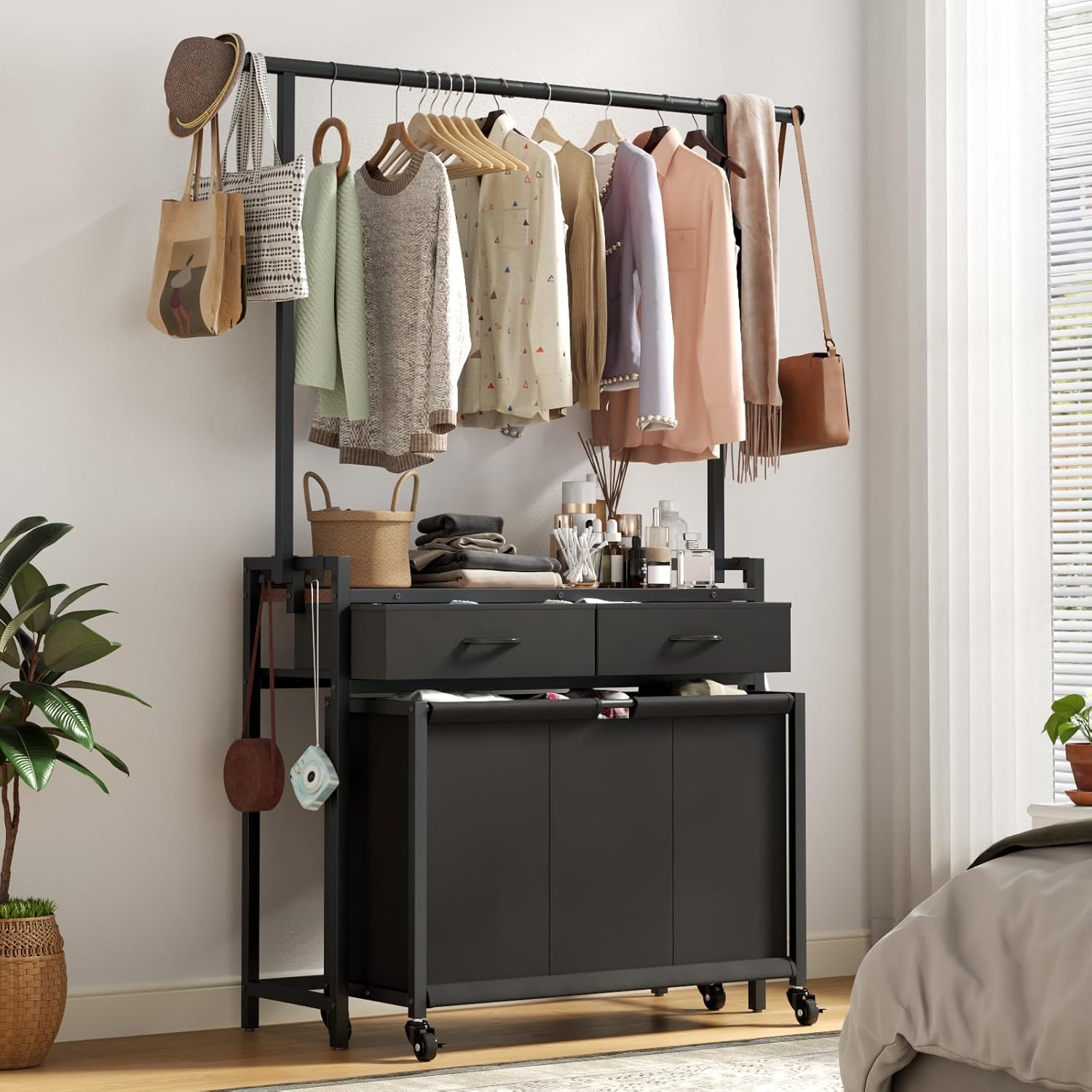 Laundry Sorter Hamper with Hanging Cloth Rack, Laundry Basket with 3 Section Pull-Out Rolling Bags, Laundry Sorter for Organization and Storage with 2 Drawers for Laundry Room (Vinatge Brown) - NestledHome