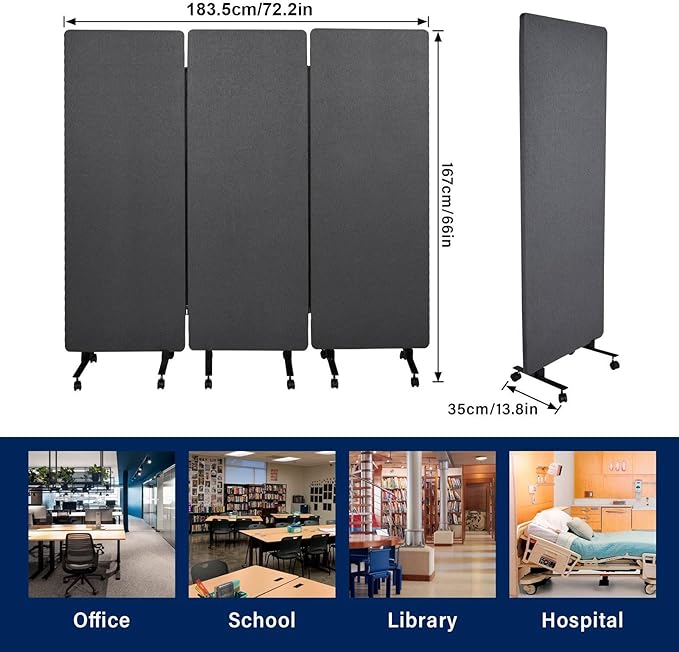 Office Dividers Partition Wall, 72" X 66" Soundproof Room Divider with Wheels, 3 Panel Soundproof Partitions for Office Wall, Portable Temporary Walls Acoustic Walls Divider, Dark Grey