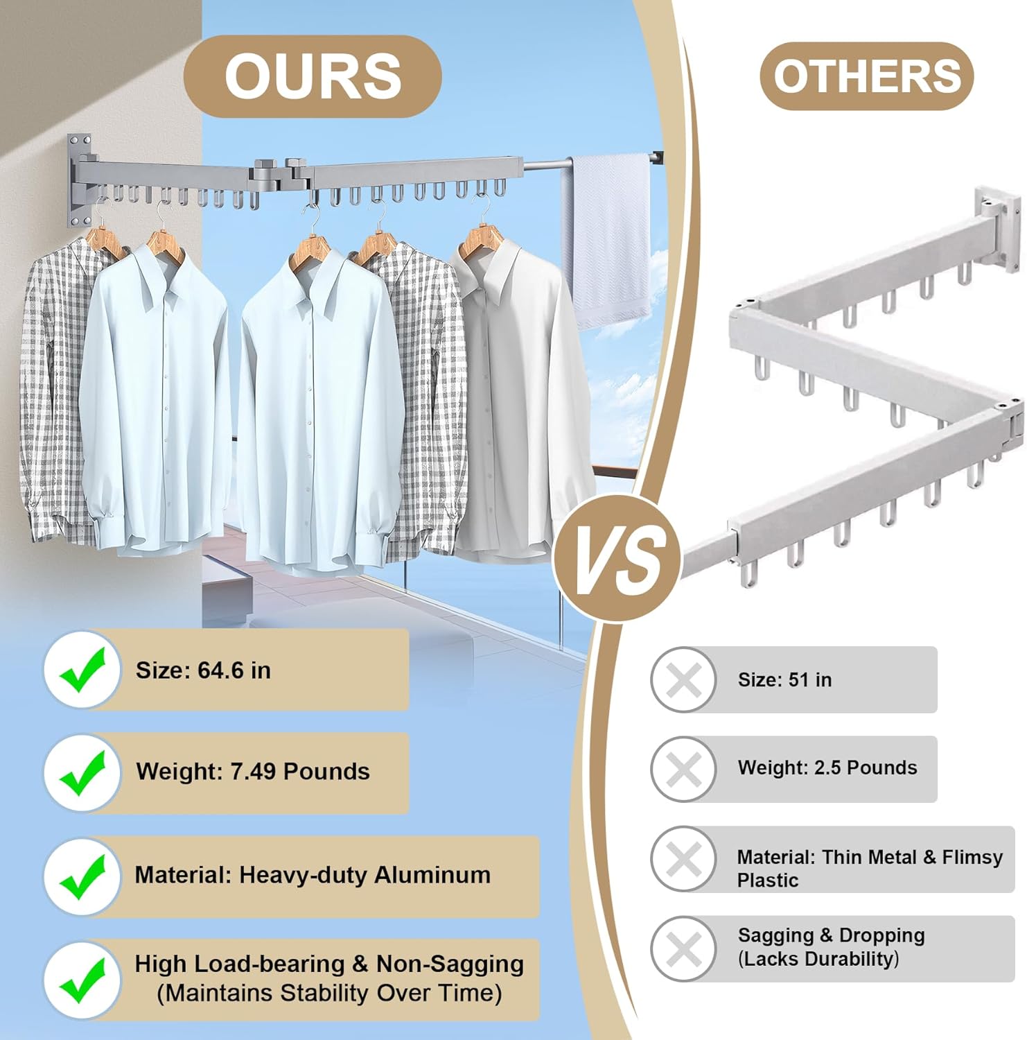 Bakala Clothes Drying Rack, Laundry Drying Rack Foldable, Heavy-Duty Space Saving Hangers, Wall Mounted Clothing Racks for Laundry Room Organization, Folding, Retractable 64" Clothes Dryer (Silver) - NestledHome