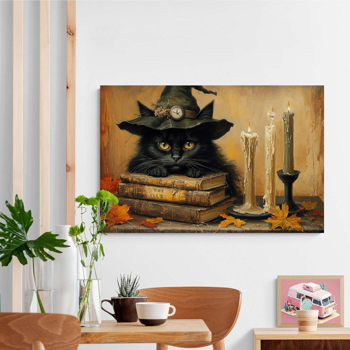 Vintage Halloween wall decoration black cat and magic book suitable for home bedroom living room decoration dark classic art witch wall decoration12x16in Wood Framed