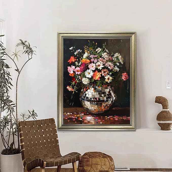 Vintage Framed Disco Ball Wall Art Retro Eclectic Wall Decor Colorful Moody Florals Painting Maximalist Wall Art Funky Flowers Bouquet Print Artwork