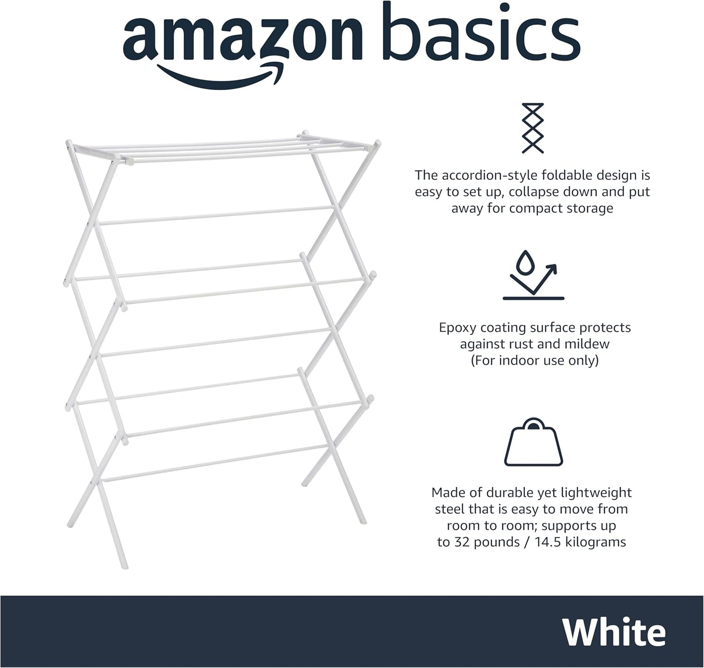 Amazon Basics Foldable Portable Laundry Rack for Air Drying Clothing, Indoor Outdoor Use - 14.5" D x 29.5" W x 41.8" H, White - NestledHome