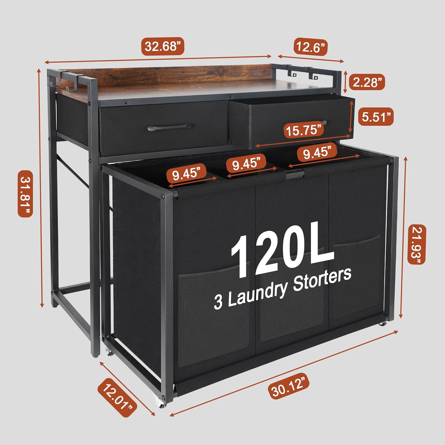 Rolling Laundry Sorter with wheels, Laundry Hamper 3 Section with shelf - 3 × 10.5 Gal (120L) Capacity, Laundry Basket with Drawers for Clothes-1 Storage Shelf, Laundry Organizer for Laundry Room - NestledHome
