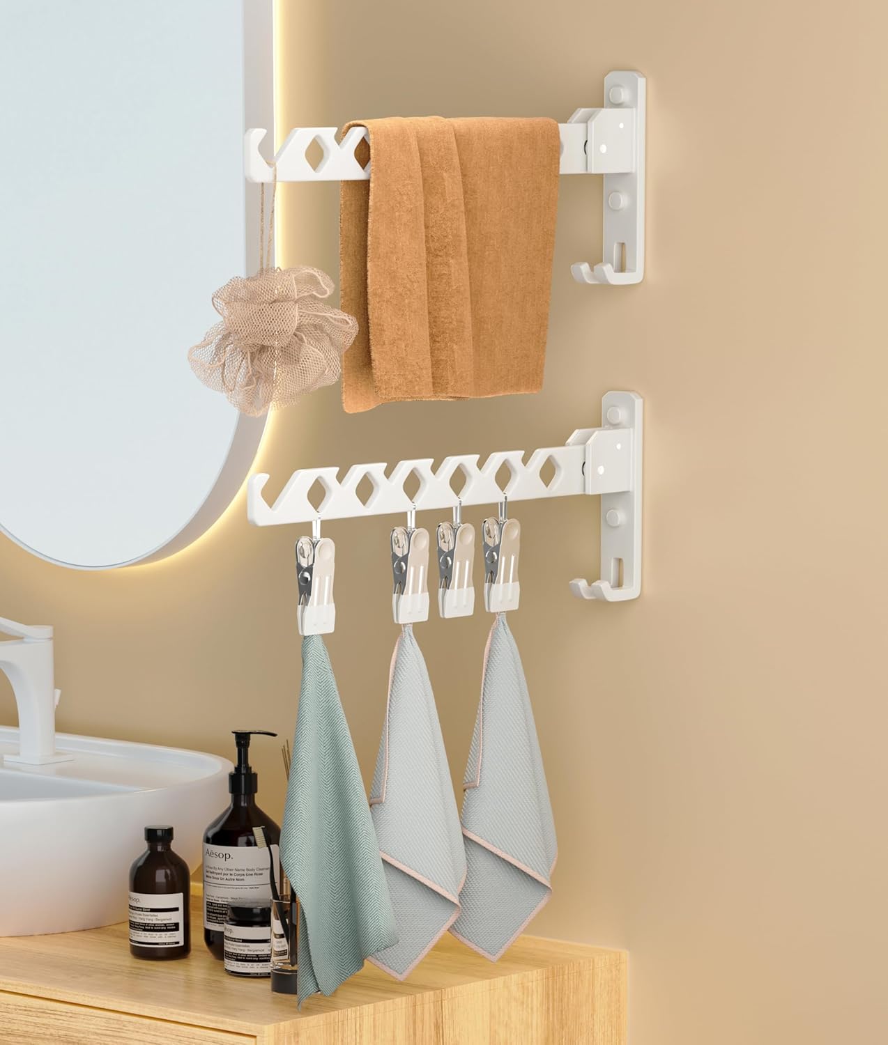 Wall Mount Coat Hanger Holder White Clothes Drying Organizer Rack Garment Hooks Aluminium Retractable Folding Indoor Wall Mounted Hanger Space Saver for Laundry Room Bedroom White 2 Pack with 8 Hooks - NestledHome