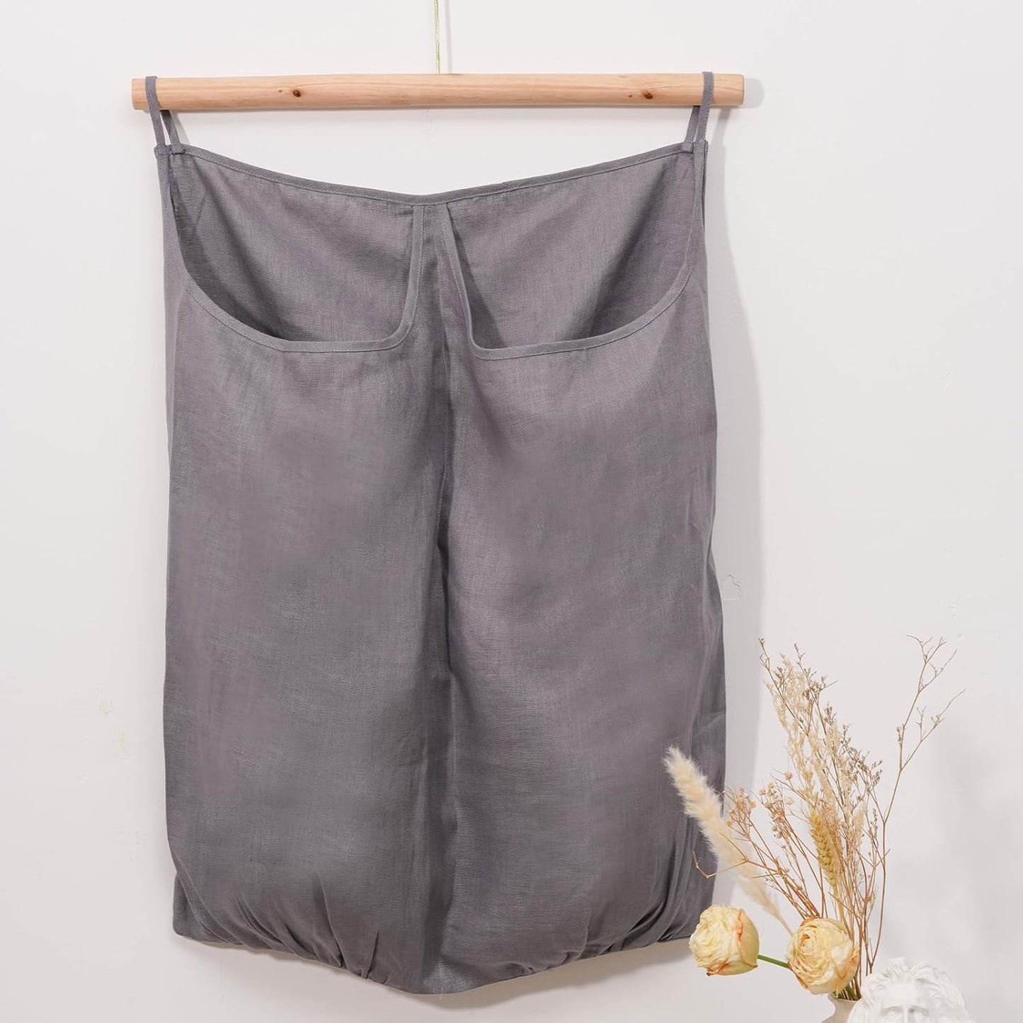 100% Pure Linen Dual Hanging Laundry Bag with 2 Deep Pocket and 2 Side Zipper 20x27in, Over The Door Laundry Hamper Space Saving Hampers for Dirty Clothes Home Travel, Grey - NestledHome