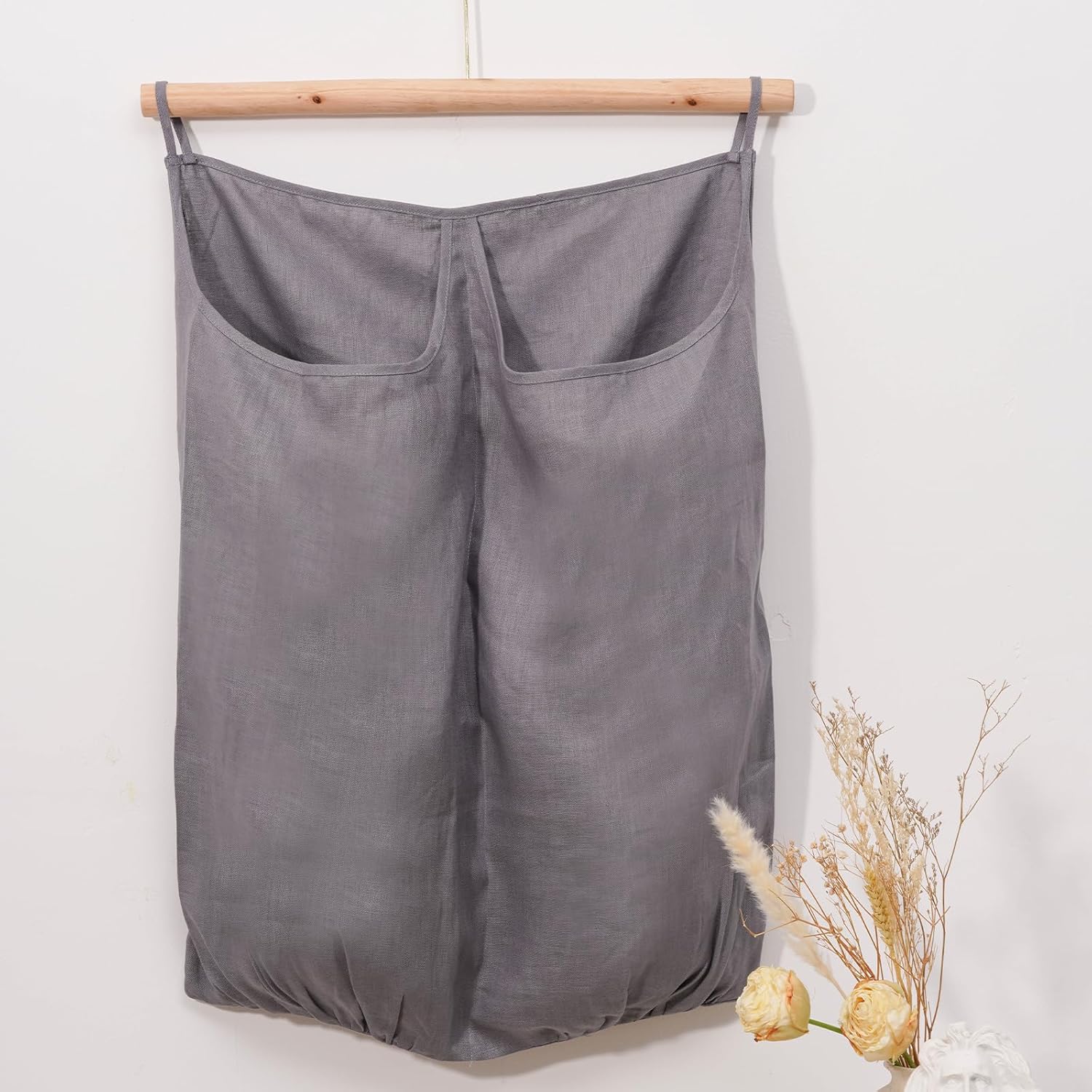 100% Pure Linen Dual Hanging Laundry Bag with 2 Deep Pocket and 2 Side Zipper 20x27in, Over The Door Laundry Hamper Space Saving Hampers for Dirty Clothes Home Travel, Grey - NestledHome