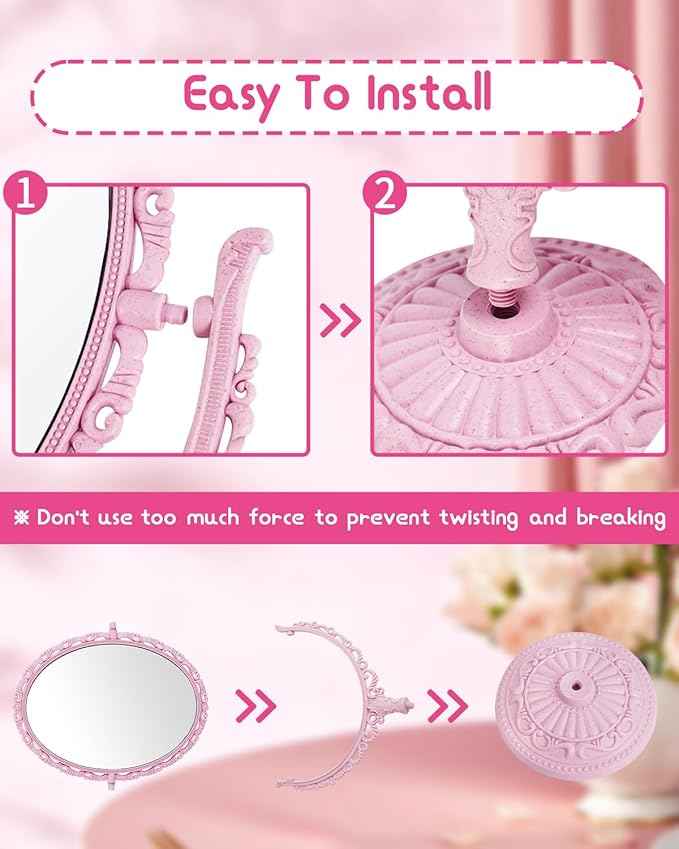 XPXKJ Pink Vintage Vanity Mirror Shabby Chic Decor | 360° Rotating Double-Sided Table Makeup Mirror with Stand Bedroom Decoration Perfect for Tabletop, Desk, Or Makeup Station
