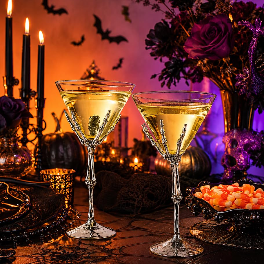 Skeleton Hand Martini Glasses Set Of 2 9 Inch Spooky Halloween Cocktail Bar