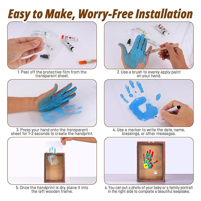 Family Handprint Kit with Light, 5 Non-Toxic Paints, Hand Prints Ornament Keepsake Frame for 4, DIY Craft Gift for New Parents & Mom & Baby, Grandparents, Mother's Day, Father's Day