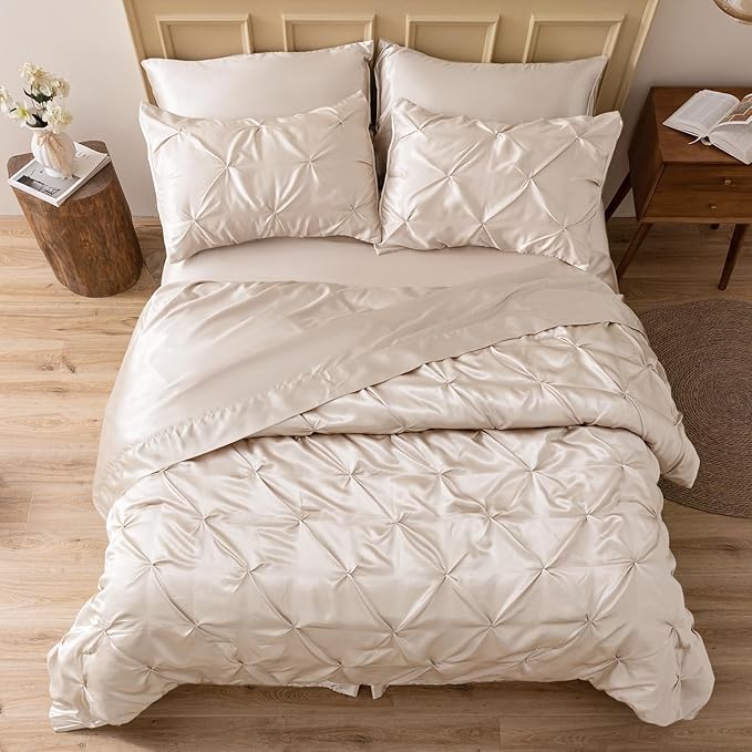 MR&HM Satin Comforter Full 7 Pieces - Luxurious Pinch Pleat Bedding Set with Comforter, Flat Sheet, Fitted Sheet, Pillowcases & Shams, Super Silky Soft Bed Set for All Season (Full, Beige)