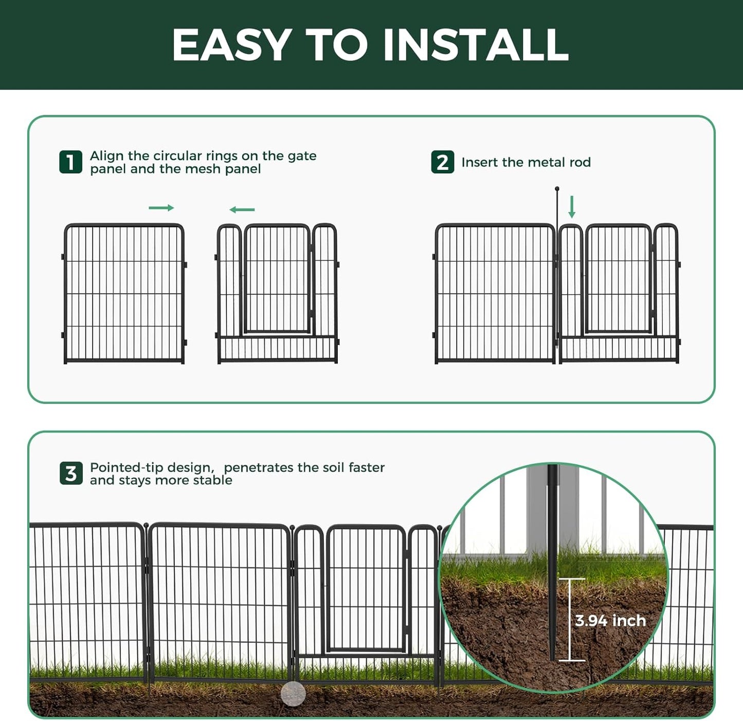 FXW Garden Fence Outdoor for The Yard – 45in(H) x 17.8ft(L) Heavy Duty Metal Animal Barrier for Dog and Rabbit, Decorative Dog Fence, 8 Panels, Black