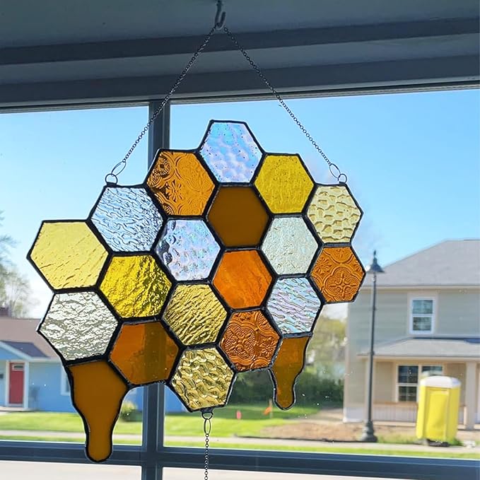 100 pcs Hexagon Iridescence Stained Glass Pieces Mosaics Tiles for Crafts Bulk, Hand Precut Mosaic for Bee Honeycombs, Mosaic Kits for Adults
