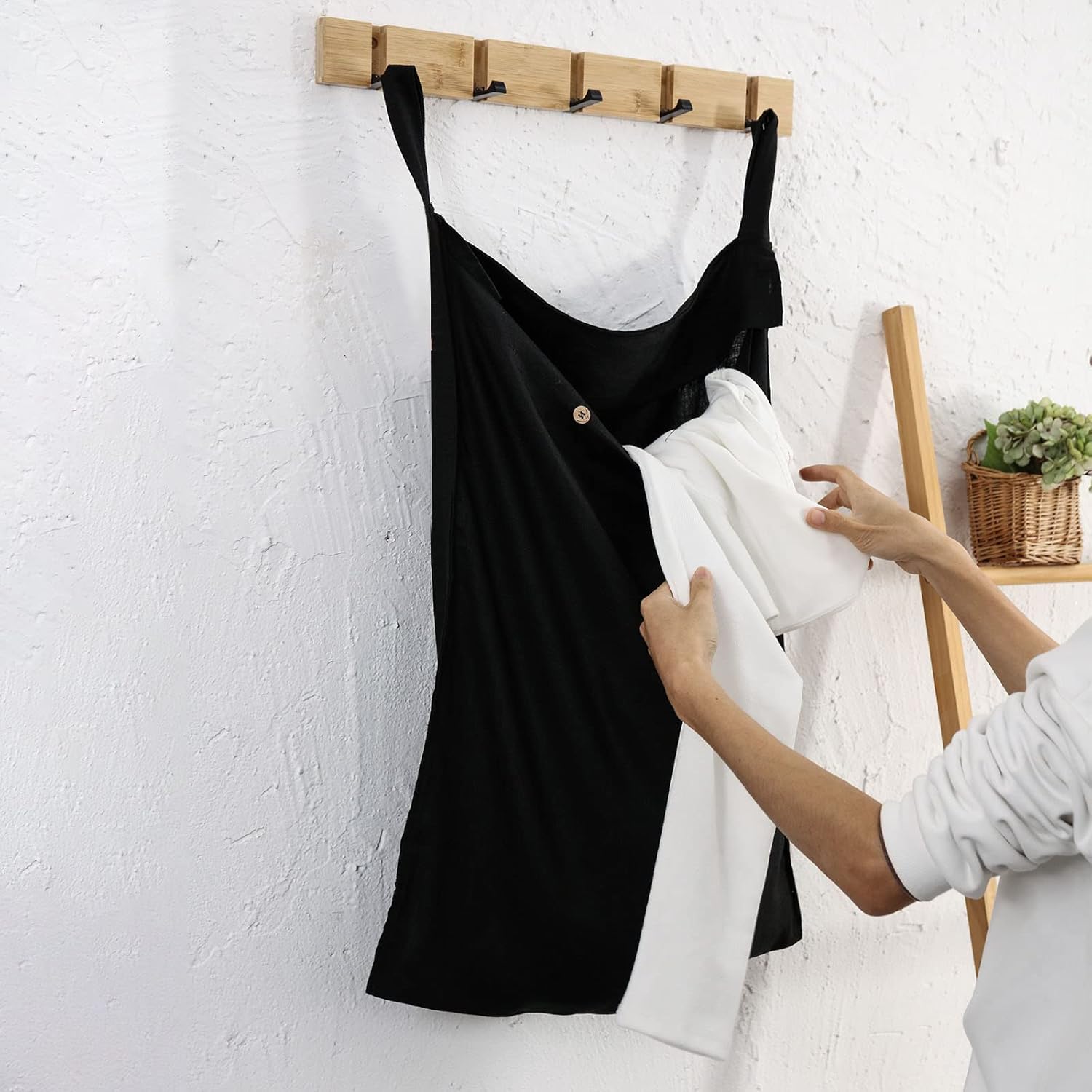 Linen Hanging Laundry Bag, 100% Linen Over The Door Laundry Hamper with Buttons and Zipper, Space Saving Door Hampers for Laundry Dirty Clothes Home Travel, Black - NestledHome