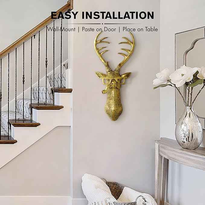 montresor Deer Head Wall Mount 17 inchs Gold Deer Decor PU Foam Material (NOT RESIN) Wall Decor Art for Whimsigoth Home Wall Decor Lightweight Accent Wall Hanging Room Decor Maximalist Decor