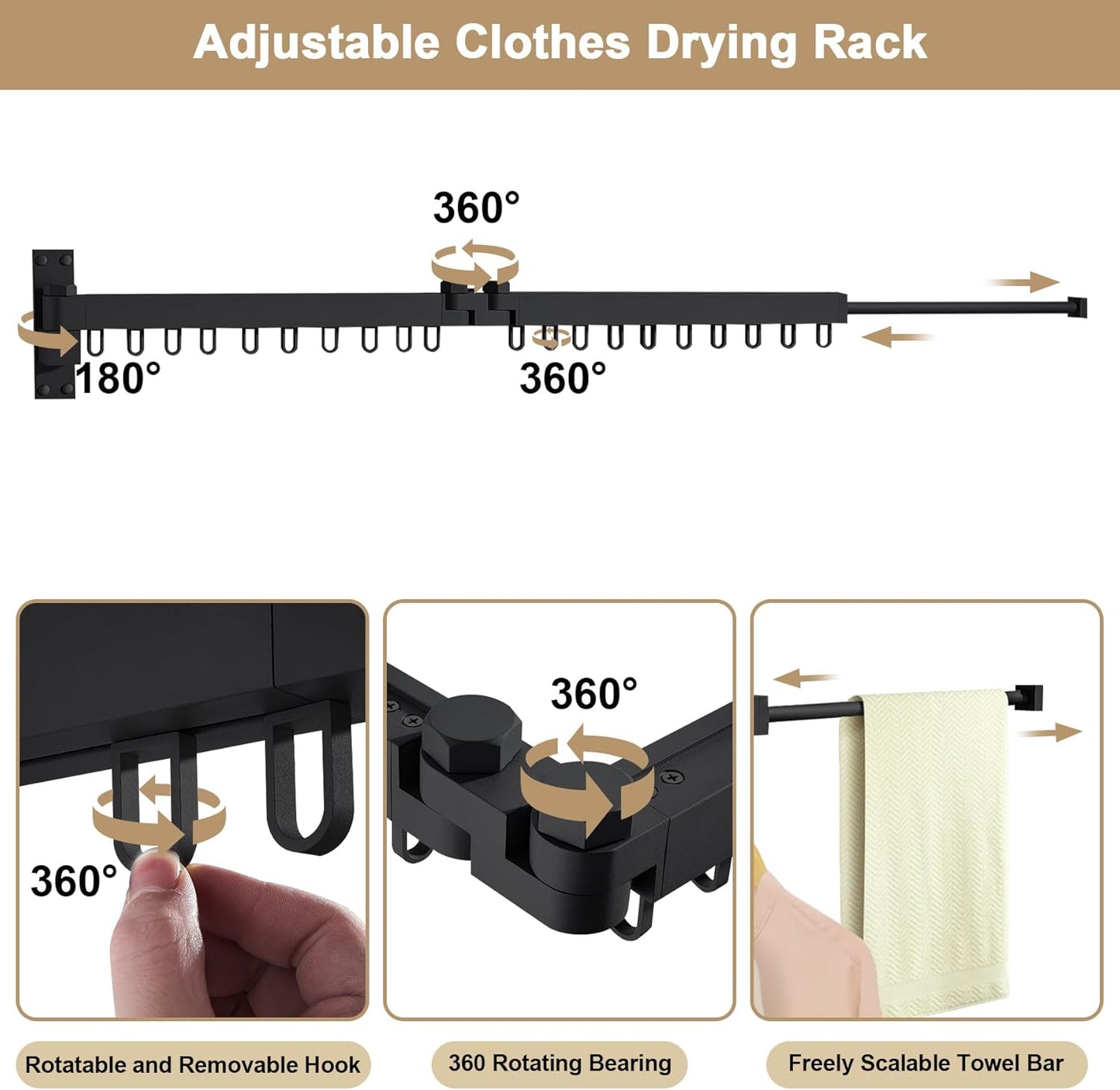 Bakala Clothes Drying Rack Foldable, Laundry Drying Rack Clothing Wall Mounted, Clothing Racks for Hanging Clothes, Heavy-duty Space Saving Hanger,Retractable,Expandable,Collapsible, 64" (Hooks,Black) - NestledHome