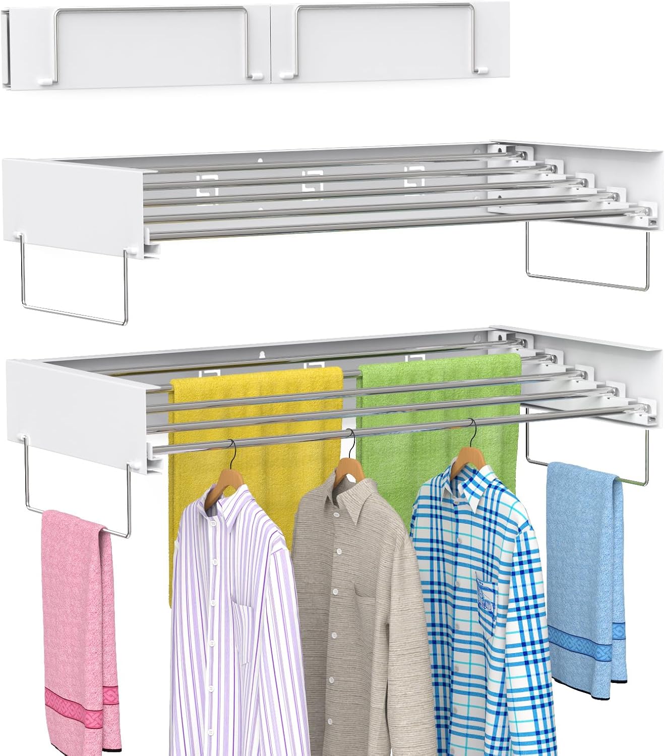 Wall Mounted Drying Rack, Foldable Laundry Rack, Collapsible Drying Rack, 5 Stainless Rods, Wall Mounted Clothing Rod with 2 Towel Bar, 90 lb Capacity, 31.5" White - NestledHome