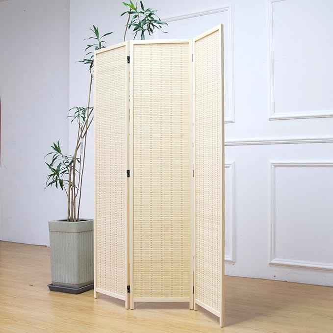 3 Panel Room Divider and Folding Panel Screen,Bamboo Panel Divider Screen for Room Separation,Beige,67" H x 46" W