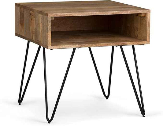 SIMPLIHOME Hunter End Table - 22 inch Wide Solid Mango Wood and Metal Square Accent Table with Open Storage Compartment and Hairpin Legs in Natural, Industrial Nightstand for Living Room or Bedroom