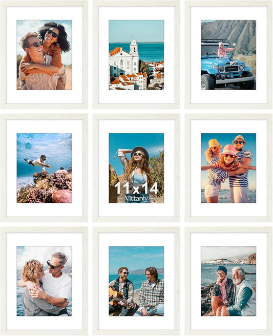 Vittanly 11x14 Picture Frames Set of 9, Shatter Resistant Plexiglass, Display 8x10 Pictures with Mat or 11x14 without Mat, Photo Frames for Wall or Tabletop, Engineered Wood, Whitemist