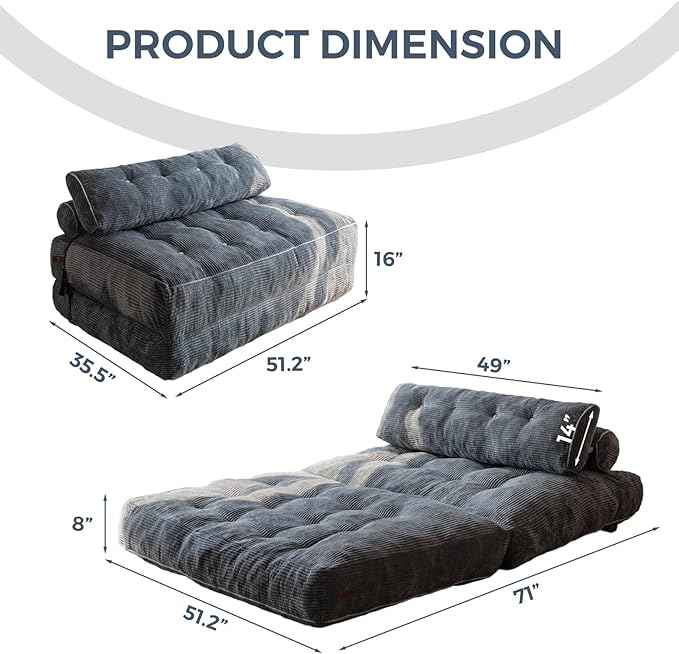 MAXYOYO Folding Sofa Bed, Convertible Sleeper Chair with Pilow Foldable Matress with Back Support, Portable Fold Out Chair Bed Comfy Floor Sofa Lounge for Living Room Bedroom, Dark Grey, Double