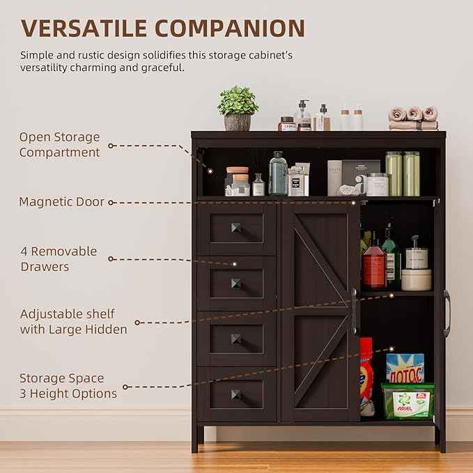 Vabches Farmhouse Storage Cabinet with 2 Doors and 4 Drawers, Freestanding Bathroom Compartment Kitchen Pantry Cabinet, Floor Cupboard for Kitchen/Living Room/Bathroom, Espresso