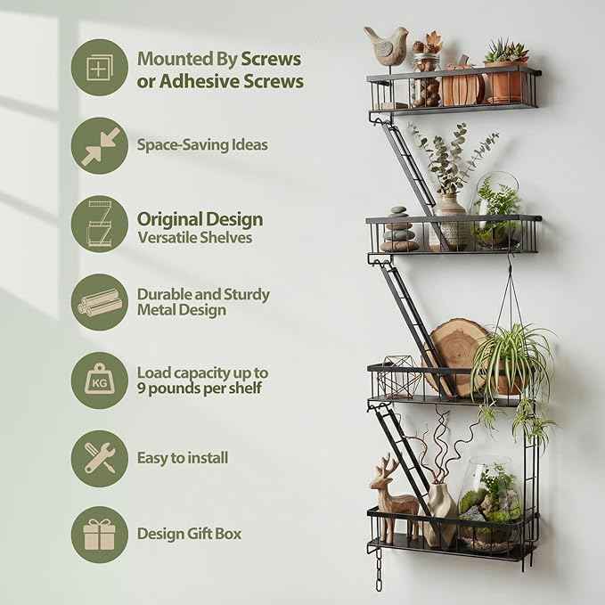 Fire Escape Wall Shelf 4 Tier - NYC Decorative Floating Shelf Black Metal Book Shelves for Home Office Apartment Organizer and Display