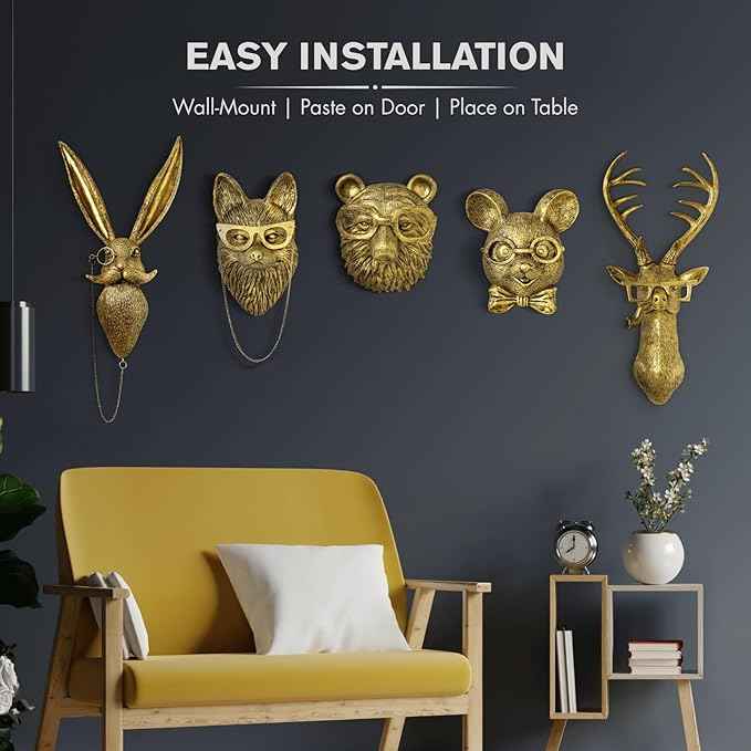 montresor 5 PCS Animals Head Wall Art Sculptures 17 inchs Gold Office Vintage 3D Wall Decor Art for Whimsigoth Home Wall Decor Lightweight Material Accent Wall Hanging Room Decor Maximalist Decor