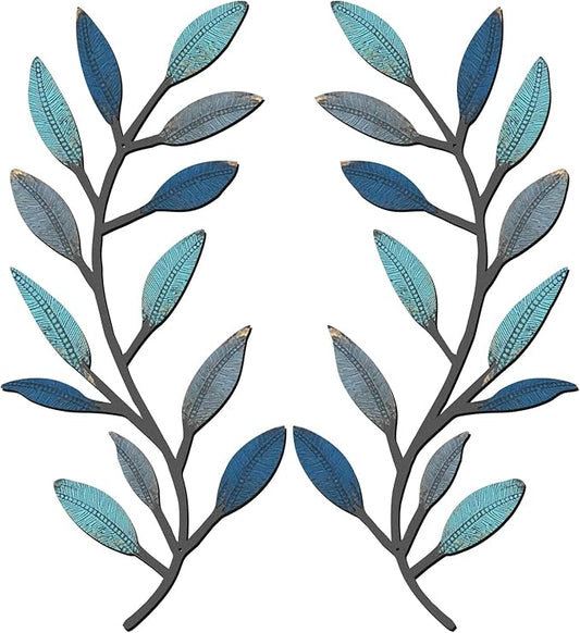 Zhengmy 2 Pieces Metal Tree Leaf Wall Decor Vine Olive Branch Leaf Wall Art Living Room, Hallway Wall Decor Outdoor Decoration(Vintage Blue)