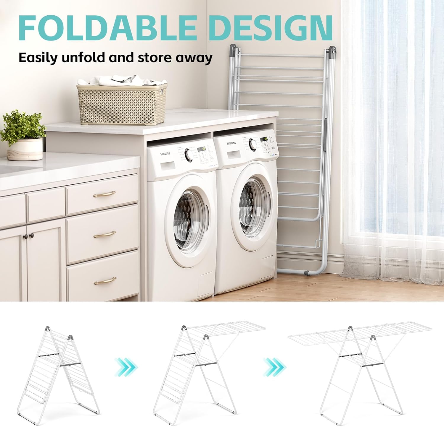 APEXCHASER Clothes Drying Rack, Oversized Drying Rack Clothing with Height-Adjustable, Foldable Gullwings Metal Laundry Rack, Indoor Outdoor Use, No Assembly, White - NestledHome