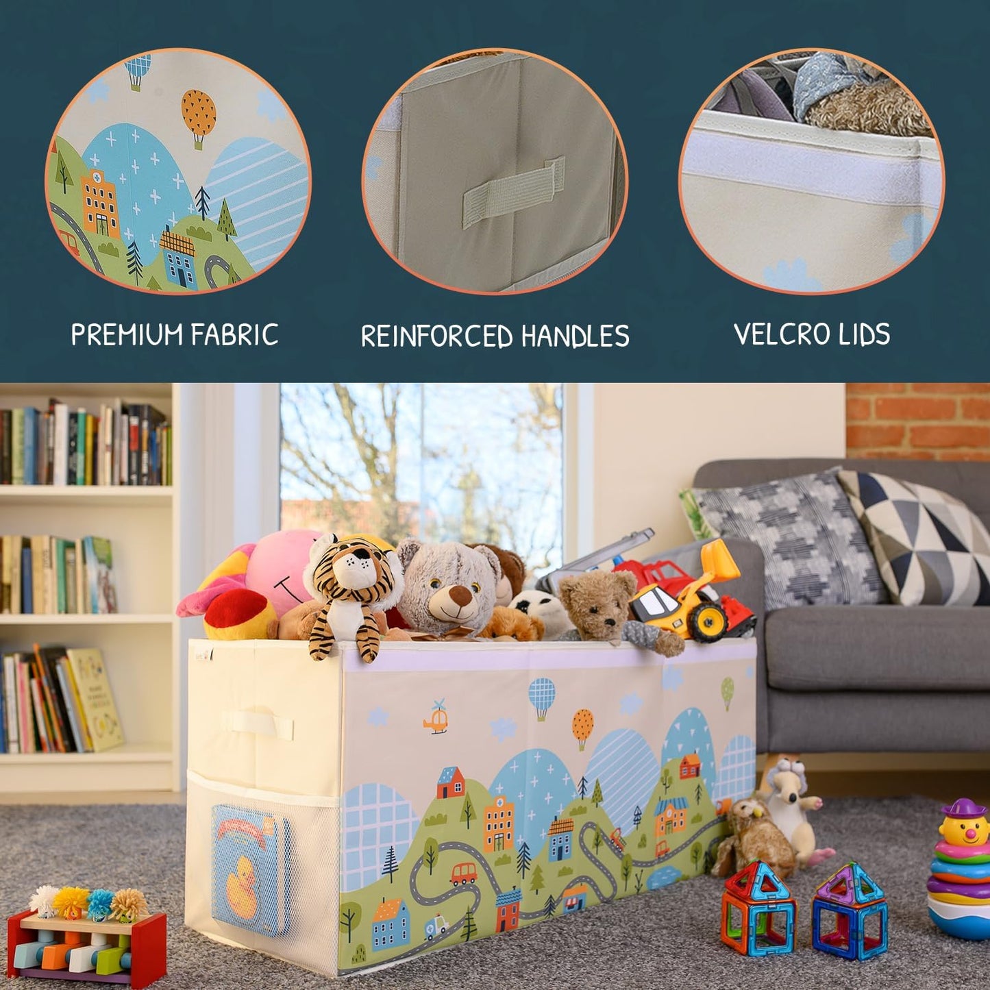 Extra Large Toy Storage Organizer with Lid - Sturdy, Collapsible Toy Chest Storage Box with Cute Design - Toys Bin with Dividers for Kids, Boys, Girls, Nursery, Bedroom, Play room 37"x16"x14" - NestledHome