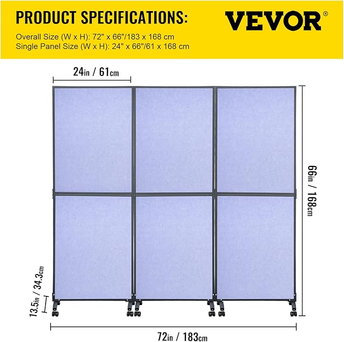 VEVOR Sound Barrier Quiet Wall 72" x 66",Partition Room Dividers 3 Panels, Portable Office Walls Dividers, Classroom Dividers, Acoustic Room Divider (Steel Blue) for Office, Library, School, etc