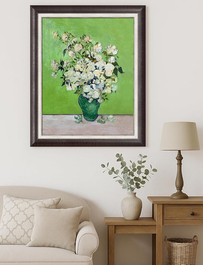 DECORARTS - Vincent Van Gogh Roses (Pink Roses in a Vase) Large Framed Wall Art, Giclee Canvas Print, Classic Framed Artwork Ready to Hang 28x34, Made in USA