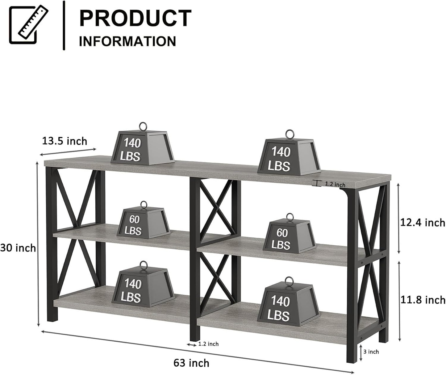 LVB Industrial Entryway Table, Farmhouse Rustic Console Table Behind Couch, Long Metal Wooden Sofa Table with Storage Shelf, Modern Foyer Hallway for Living Room Bedroom, Light Grey Oak, 63 in