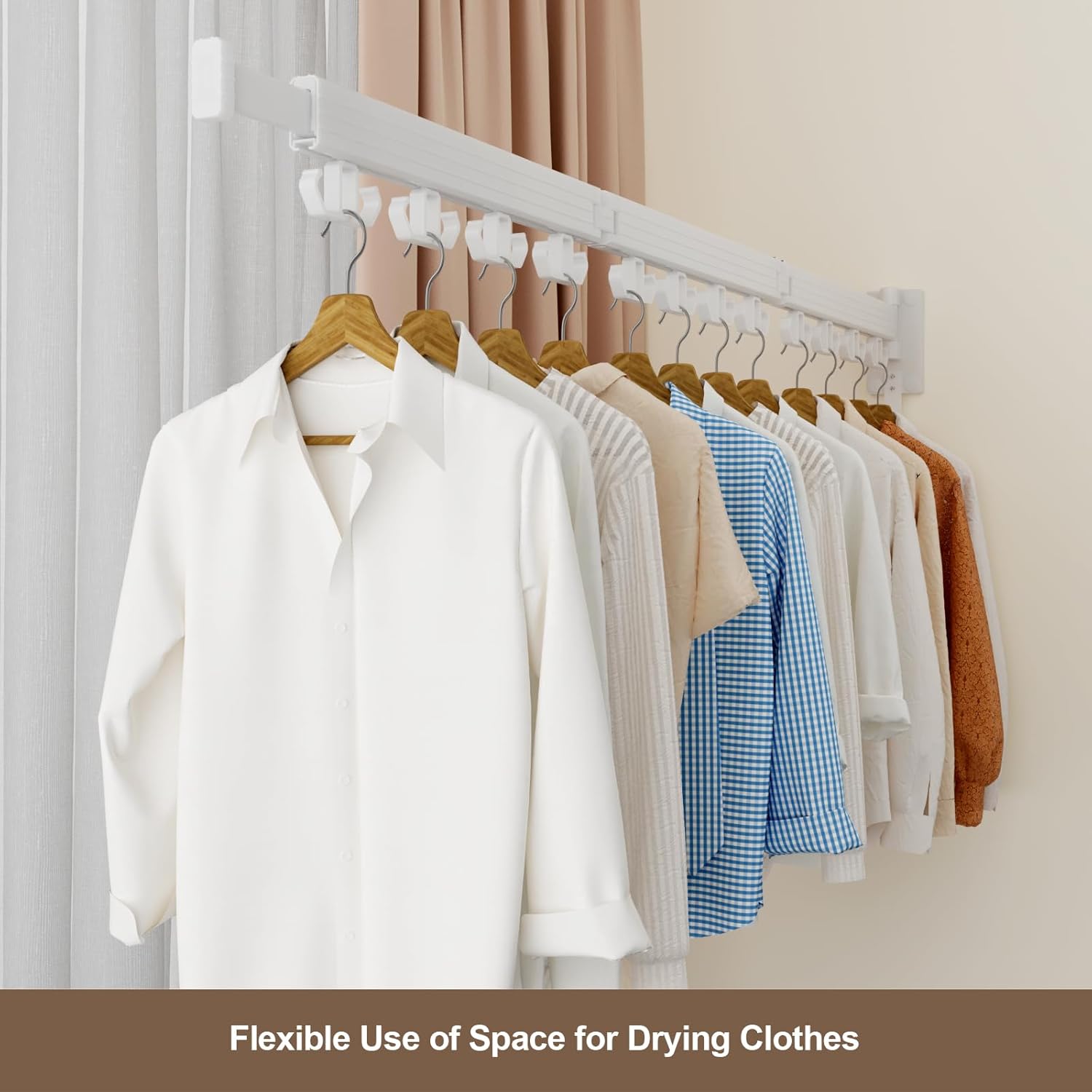 Clothes Drying Rack Wall Mounted, Retractable Drying Racks for Laundry, Foldable Drying Rack With 12 Hooks, Sturdy Tri-Fold Wall Mounted Space Saver for Laundry Room Balcony Bathroom - 49.8", White - NestledHome