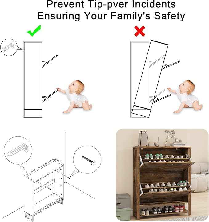 Vabches Shoe Storage Cabinet, Farmhouse Freestanding Organizer with 2 Flip Drawers, Wooden Hidden Narrow Slim Shoe Rack Cabinet for Entryway, Hallway, Foyer, Brown