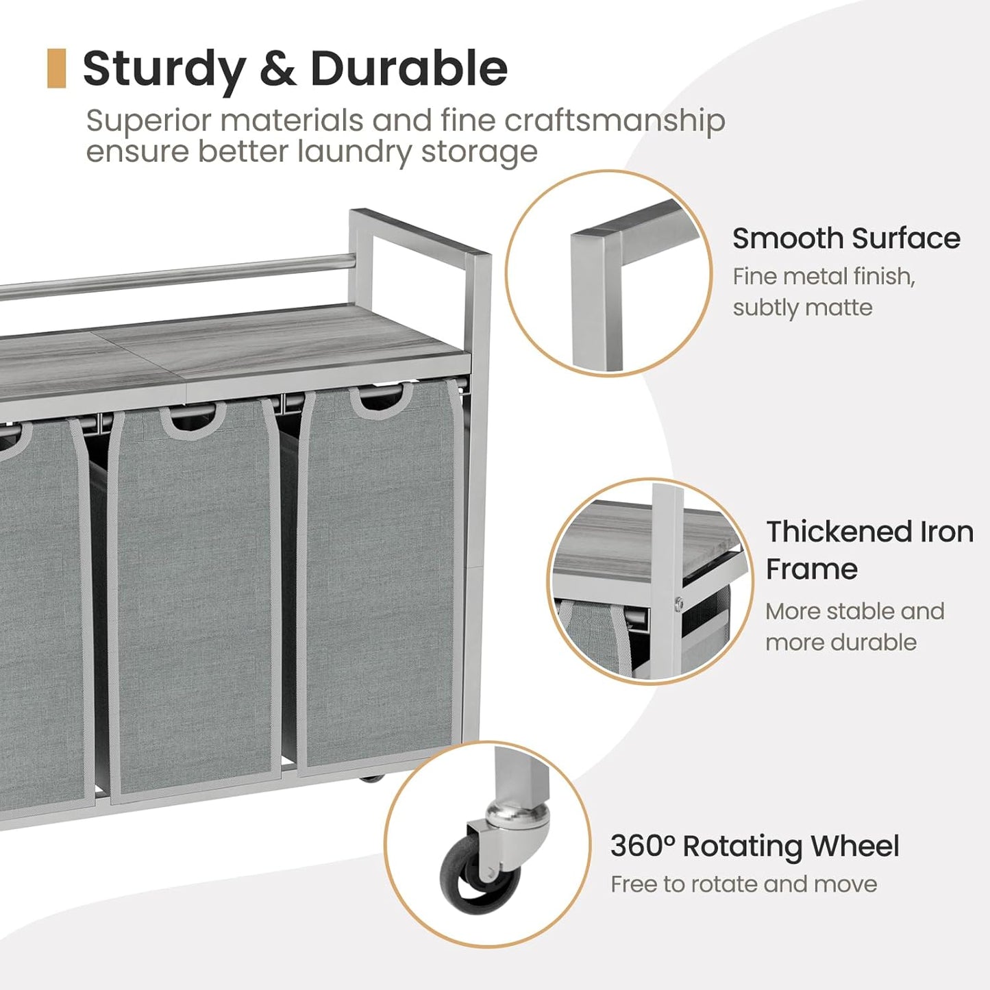 Laundry Hamper, Laundry Basket, Laundry Sorter with 3 Removable Bags, Clothes Basket with 3 Compartments, Wheels, Shelf for Laundry Room Bathroom Bedroom (3 Bags-Gray) - NestledHome