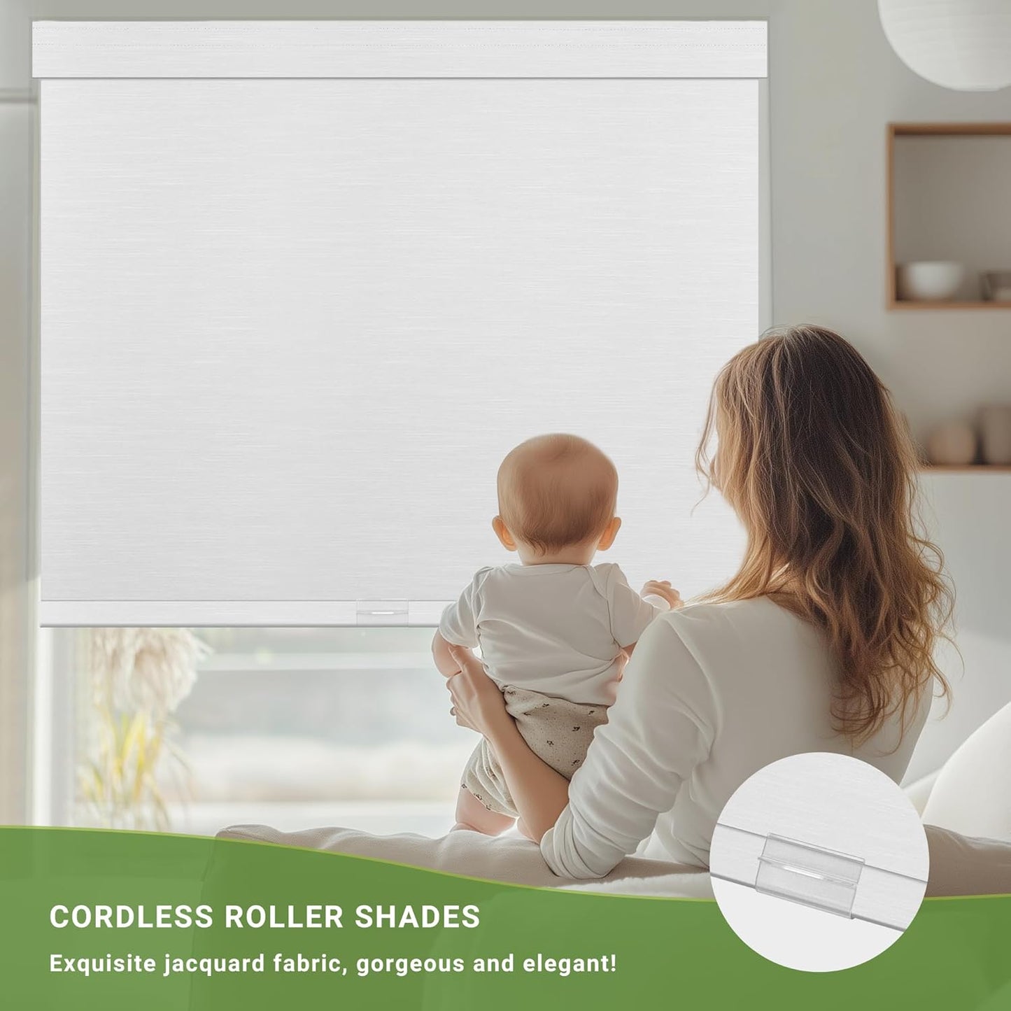 Blackout Roller Shades for Indoor Windows, Cordless Jacquard Fabric-Matched Roller Blinds, Easy to Install Privacy UV Protection Roll Up Blinds for Home Office, Pure White, 27" W x 72" H
