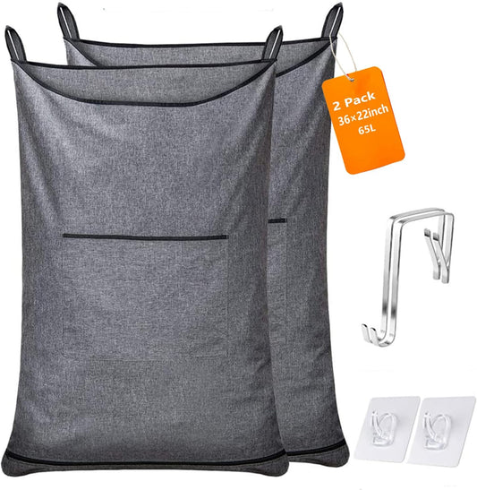 XL Hanging Hamper, Over The Door Hamper with Free Hanging Hooks, Space Saving Over Door Laundry Bag and Laundry Basket for Storage, 2 Pack, (36x22Inch Pop Heather Grey) - NestledHome