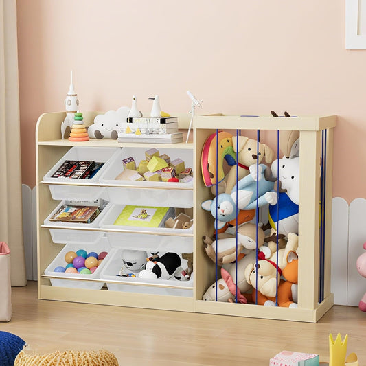 Kids Toy Storage Organizer with 6 Removable Plastic Bins Toddler Montessori Bookshelf with Stuffed Animal Net Holder Baby Bookcase Plush Organizer for Playroom,Bedroom,Kids Room,Classroom - NestledHome