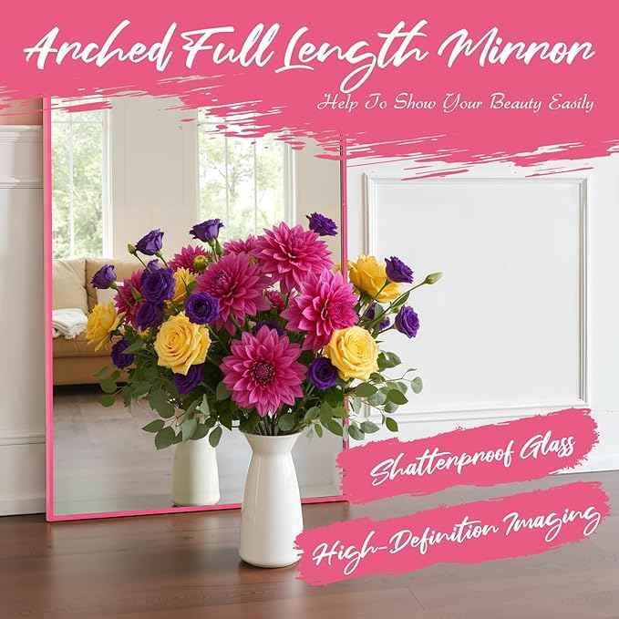 Anpark 19"x57"Arched Full Length Mirror, Full Body Mirror with Stand, Aluminum Frame for Bedroom & Hanging Leaning Modern Simple Home Decor Shatter-proorf Nano Glass Wall Living Room Cloakroom, Pink