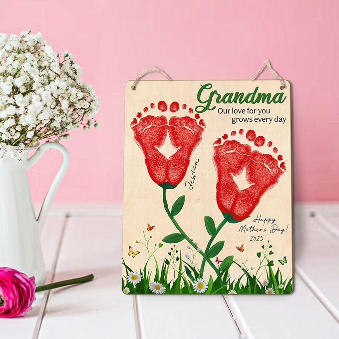 DIY Custom Baby Footprint Flowers Art Craft Gifts for Grandma, Mothers Day Footprints Sign, Grandkid Toddler Foot Print Keepsake Mother's Day Birthday for Nana Gifts, Our Love for You Grows Every Day