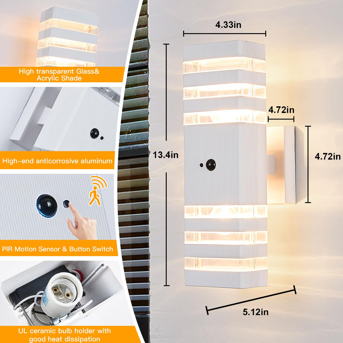 2 Pack Motion Sensor Outdoor Wall Lights with 4 Dimmable Bulbs (2 Count)