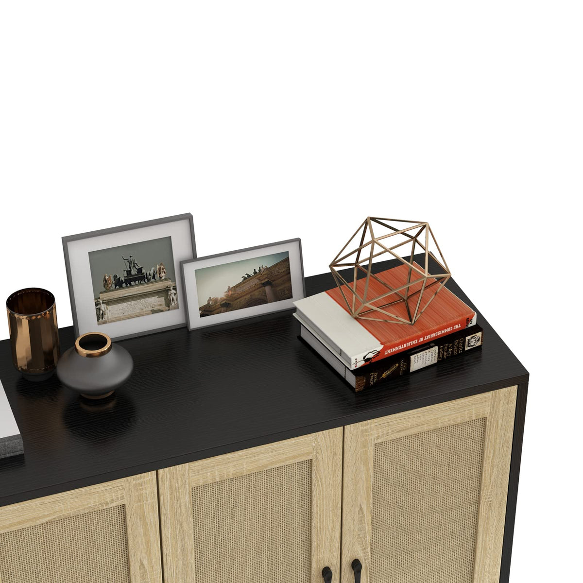 Buffet Storage Cabinet with Rattan Decorating 4 Doors Living Room Kitchen Sideboard 48.43 x 34.65 x 15 inch