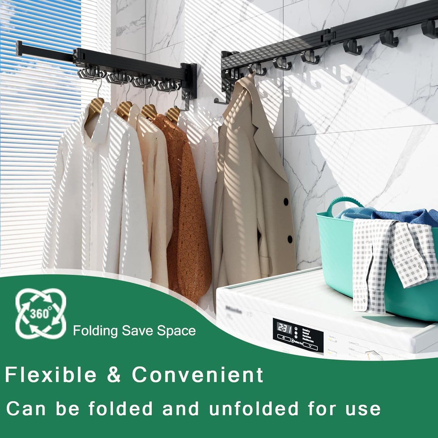 Wall Mount Clothes Drying Rack, Wall Mounted Drying Rack, Upgraded 3-Fold & Sturdy Laundry Drying Rack with 12 Dual-Side Hooks Space Saver for Laundry Room, Apartment, Dorms - Black - NestledHome