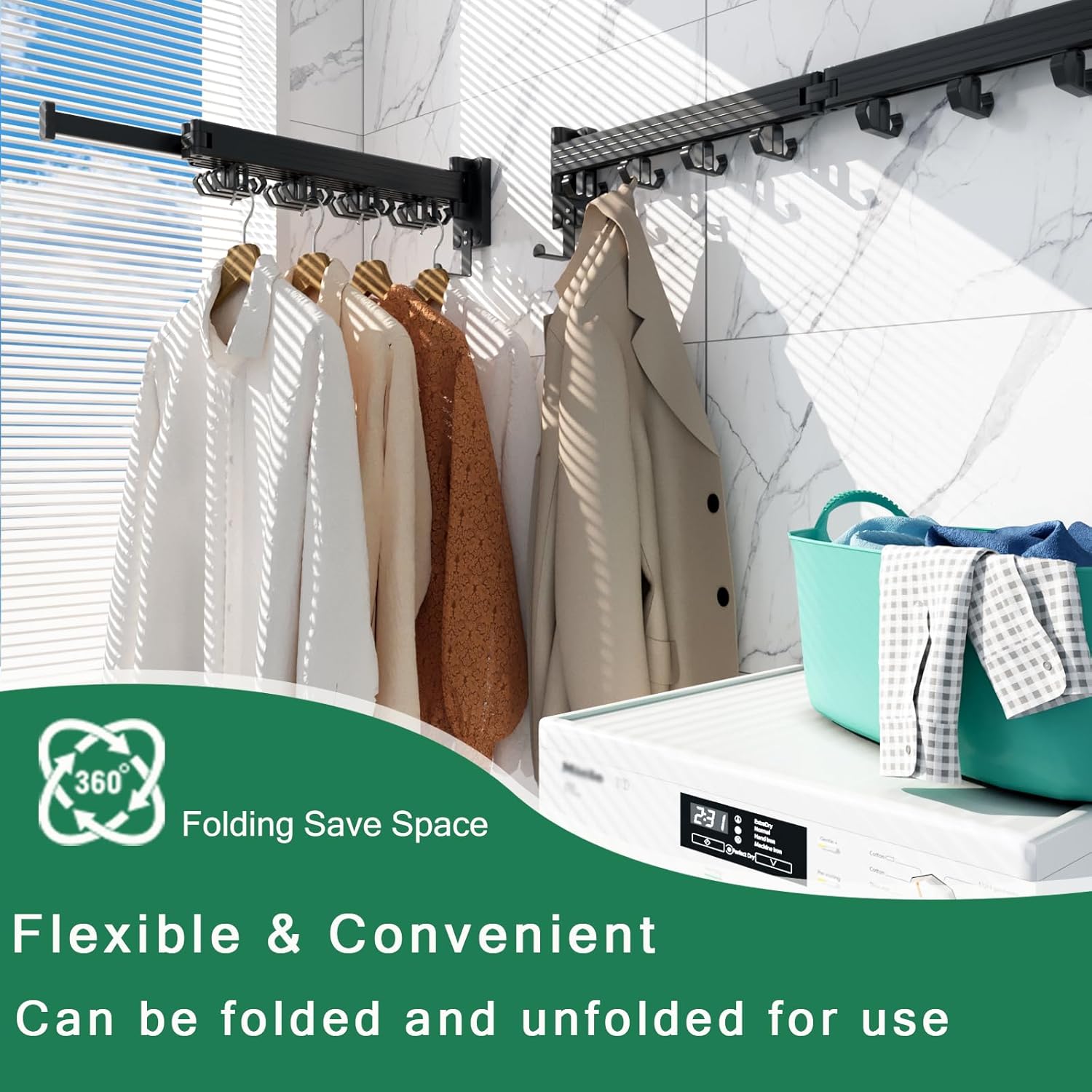 Wall Mount Clothes Drying Rack, Wall Mounted Drying Rack, Upgraded 3-Fold & Sturdy Laundry Drying Rack with 12 Dual-Side Hooks Space Saver for Laundry Room, Apartment, Dorms - Black - NestledHome